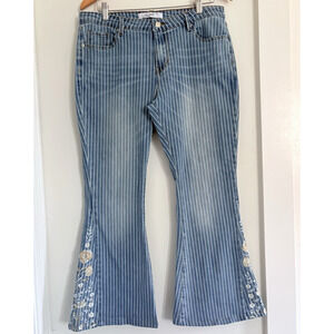 Floral Embroidered Stretch Denim Flare Jeans Mid Rise Striped Boho Y2K Retro 12P
